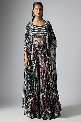 Black Crepe Printed & Hand Embroidered Jacket Lehenga Set by Nupur Kanoi