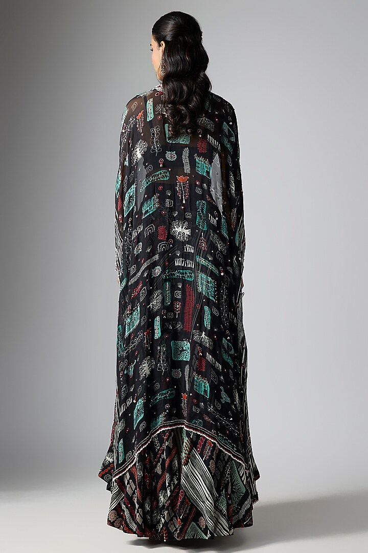Black Crepe Printed & Hand Embroidered Jacket Wedding Lehenga Set by Nupur Kanoi at Pernia's Pop Up Shop