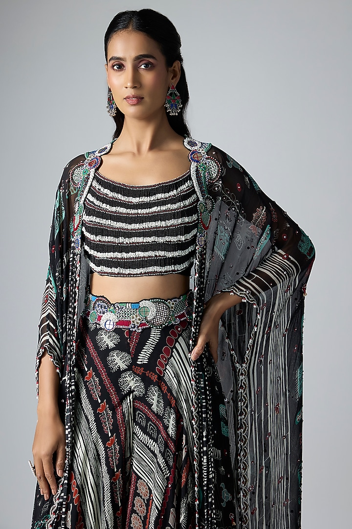 Black Crepe Printed & Hand Embroidered Jacket Wedding Lehenga Set by Nupur Kanoi at Pernia's Pop Up Shop
