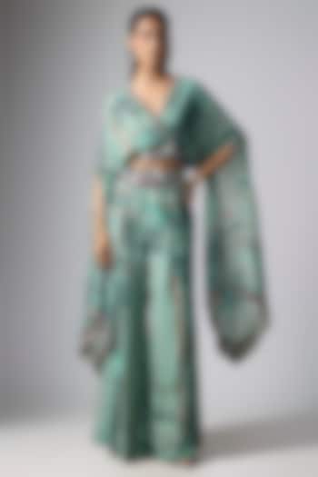 Mint Crepe Printed & Hand Embroidered A-Line Pant Set by Nupur Kanoi at Pernia's Pop Up Shop