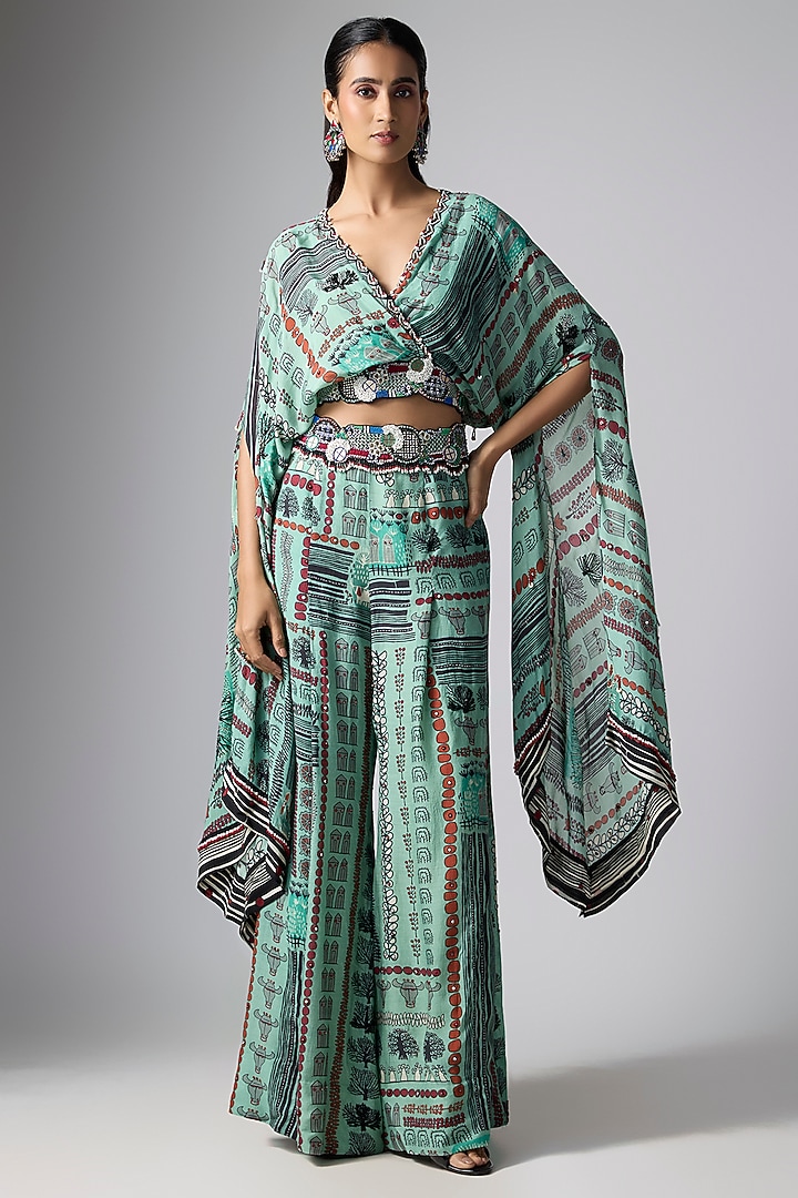 Mint Crepe Printed & Hand Embroidered A-Line Pant Set by Nupur Kanoi at Pernia's Pop Up Shop