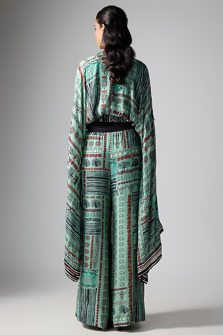 Mint Crepe Printed & Hand Embroidered A-Line Pant Set by Nupur Kanoi at Pernia's Pop Up Shop