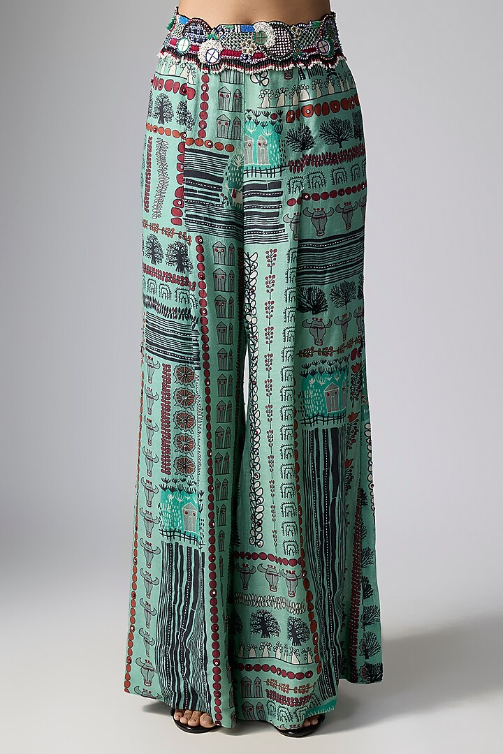 Mint Crepe Printed & Hand Embroidered A-Line Pant Set by Nupur Kanoi at Pernia's Pop Up Shop