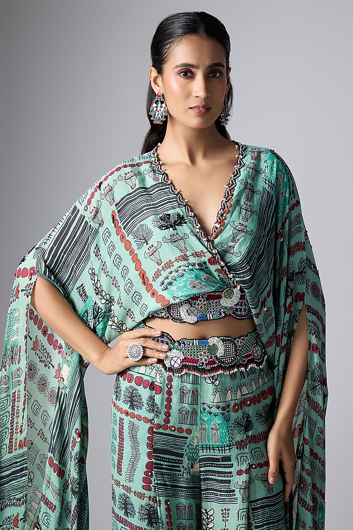 Mint Crepe Printed & Hand Embroidered A-Line Pant Set by Nupur Kanoi at Pernia's Pop Up Shop