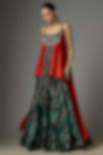 Teal Crepe Printed & Embroidered Wedding Lehenga Set by Nupur Kanoi at Pernia's Pop Up Shop