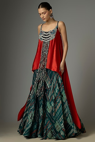 Teal Crepe Printed & Embroidered Lehenga Set by Nupur Kanoi