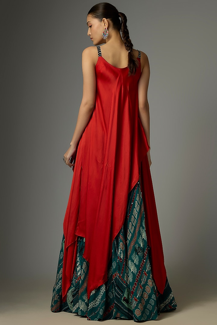 Teal Crepe Printed & Embroidered Wedding Lehenga Set by Nupur Kanoi at Pernia's Pop Up Shop