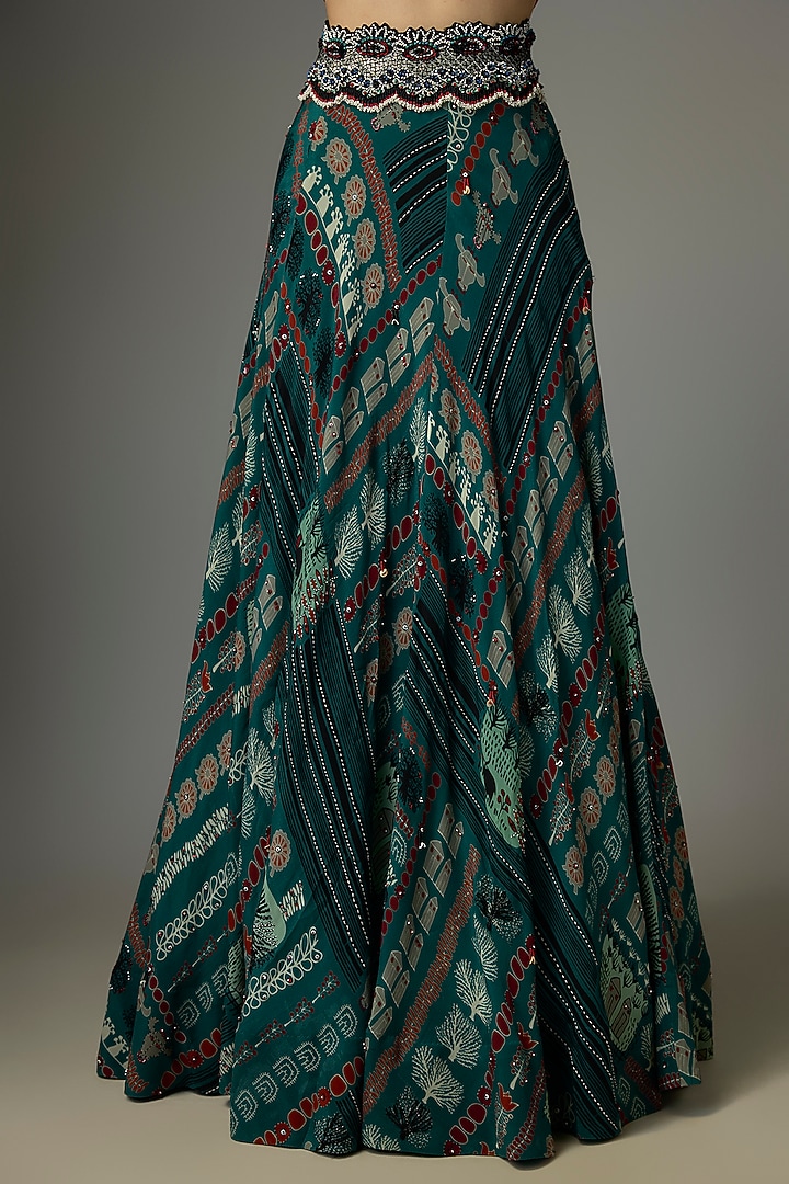 Teal Crepe Printed & Embroidered Wedding Lehenga Set by Nupur Kanoi at Pernia's Pop Up Shop