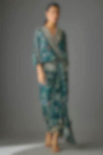 Teal Crepe Digital Printed & Embroidered Wrap Cocktail Dress by Nupur Kanoi at Pernia's Pop Up Shop