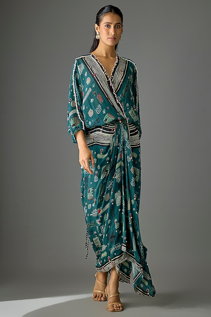 Teal Crepe Digital Printed & Embroidered Wrap Cocktail Dress by Nupur Kanoi at Pernia's Pop Up Shop