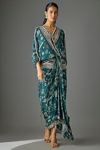 Teal Crepe Digital Printed & Embroidered Wrap Dress by Nupur Kanoi