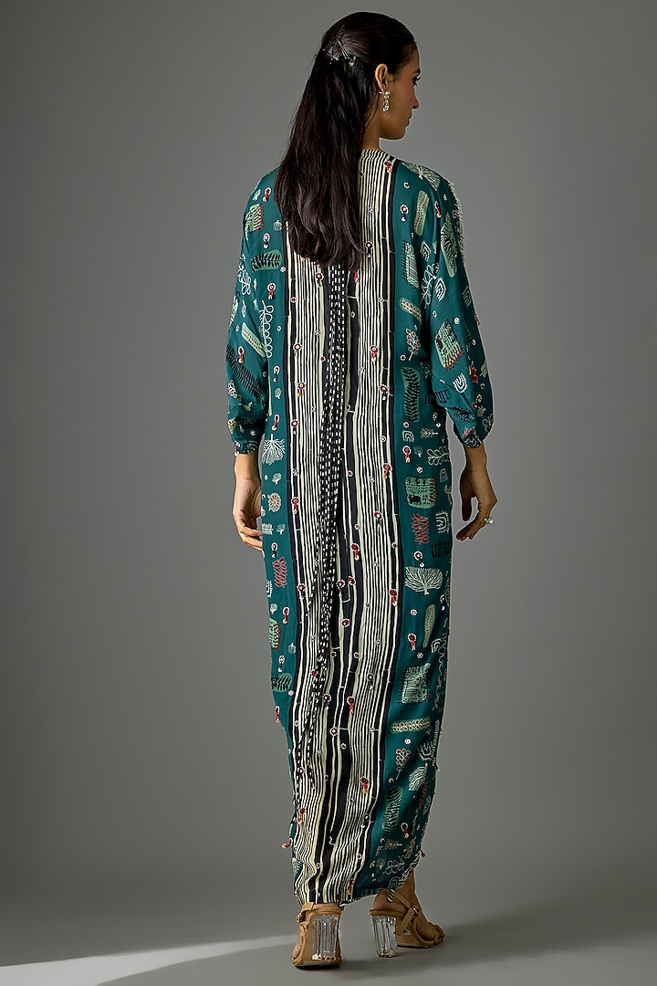 Teal Crepe Digital Printed & Embroidered Wrap Cocktail Dress by Nupur Kanoi at Pernia's Pop Up Shop
