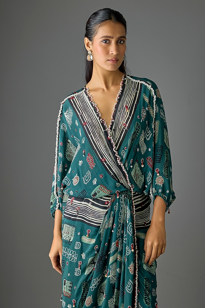 Teal Crepe Digital Printed & Embroidered Wrap Cocktail Dress by Nupur Kanoi at Pernia's Pop Up Shop