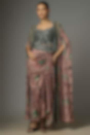 Old Rose Chiffon Printed & Hand Embroidered Cape Set by Nupur Kanoi at Pernia's Pop Up Shop