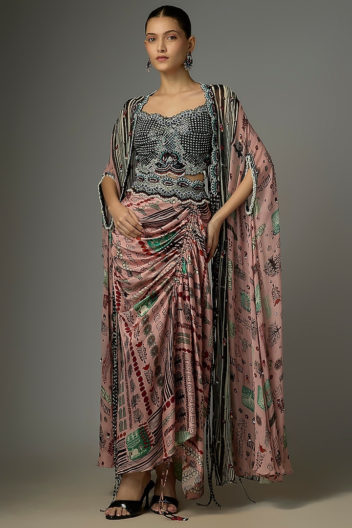 Old Rose Chiffon Printed & Hand Embroidered Cape Set by Nupur Kanoi at Pernia's Pop Up Shop