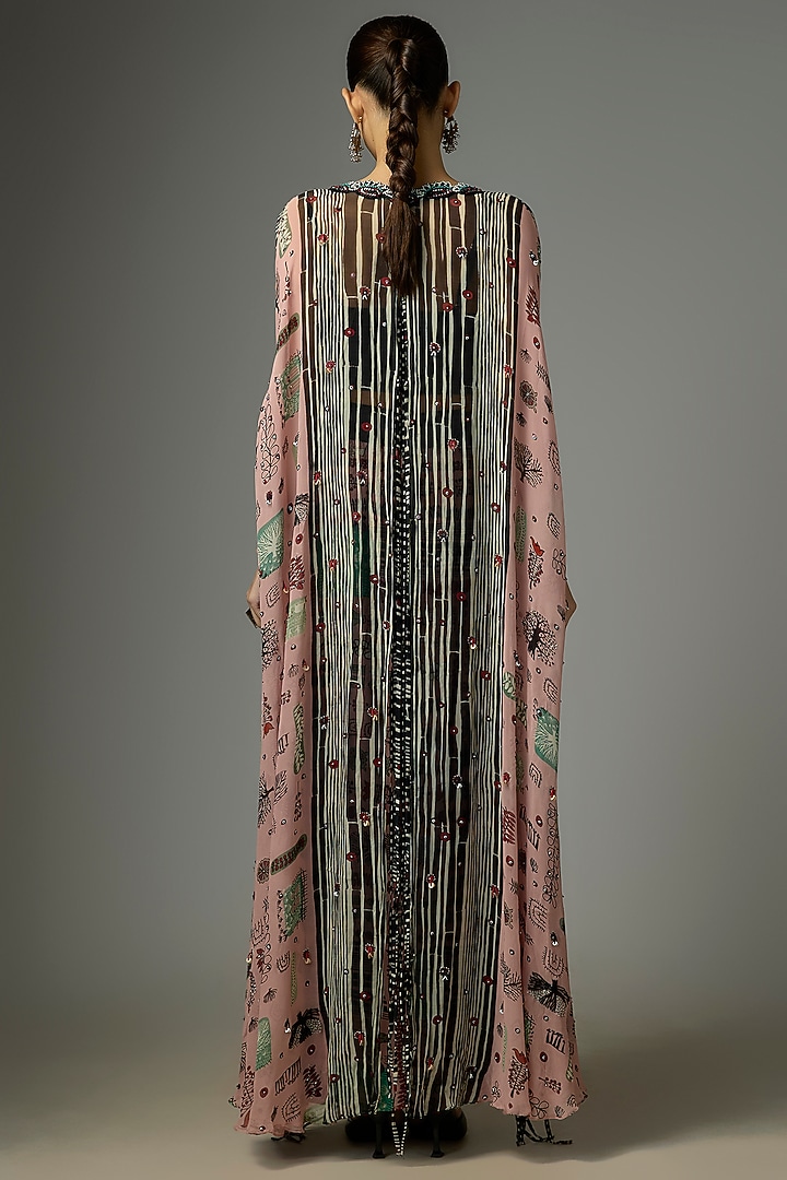 Old Rose Chiffon Printed & Hand Embroidered Cape Set by Nupur Kanoi at Pernia's Pop Up Shop
