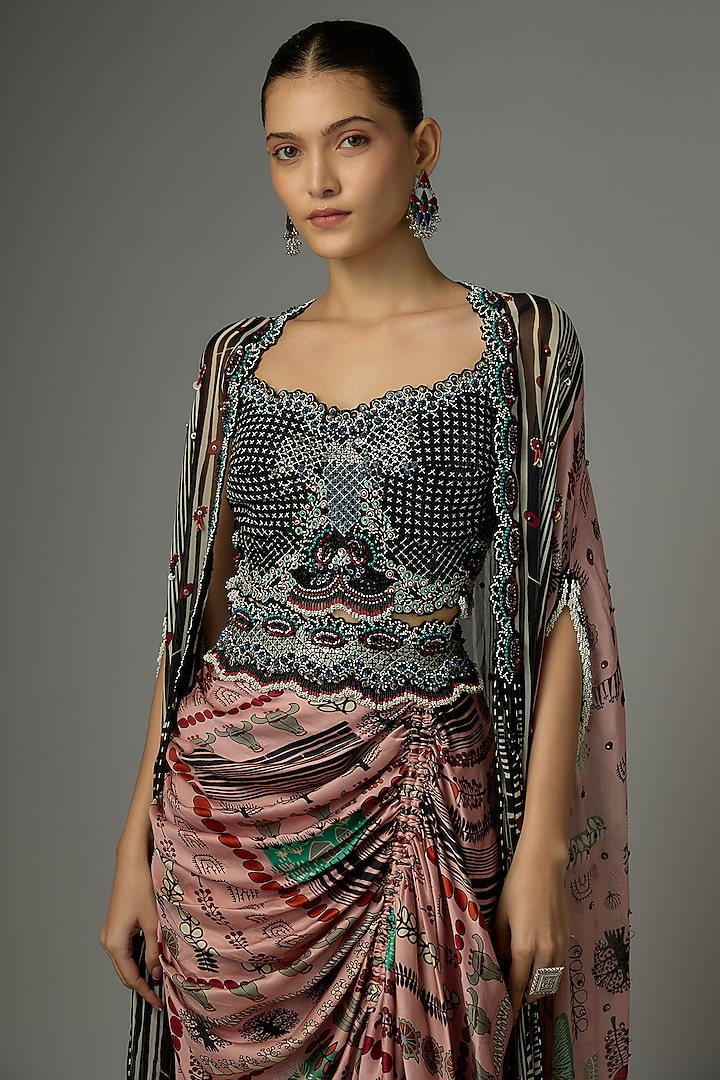 Old Rose Chiffon Printed & Hand Embroidered Cape Set by Nupur Kanoi at Pernia's Pop Up Shop