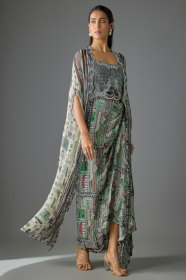 Black Crepe Printed & Embroidered Jacket Party Wear Dress by Nupur Kanoi at Pernia's Pop Up Shop