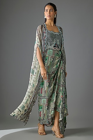 Black Crepe Printed & Embroidered Jacket Dress by Nupur Kanoi