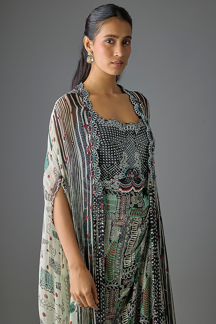 Black Crepe Printed & Embroidered Jacket Party Wear Dress by Nupur Kanoi at Pernia's Pop Up Shop