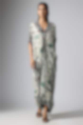 Off-White Crepe Floral Printed & Hand Embroidered Kaftan Maxi Party Wear Dress by Nupur Kanoi at Pernia's Pop Up Shop