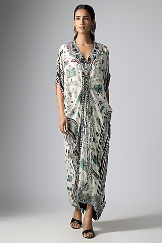 Off-White Crepe Floral Printed & Hand Embroidered Kaftan Maxi Dress by Nupur Kanoi