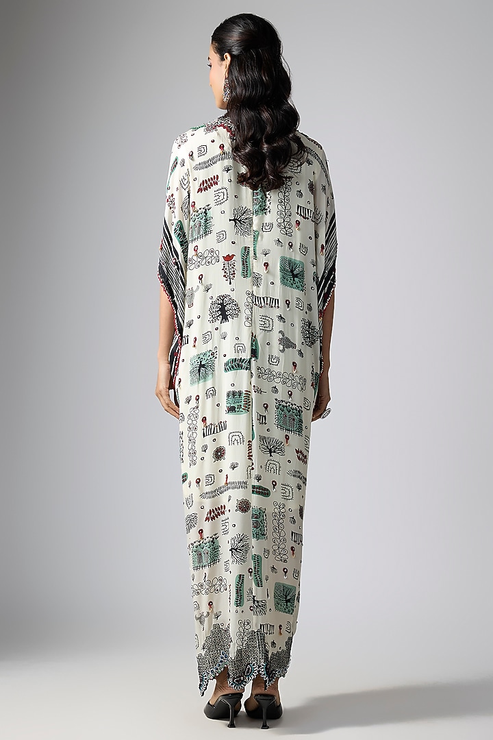 Off-White Crepe Floral Printed & Hand Embroidered Kaftan Maxi Party Wear Dress by Nupur Kanoi at Pernia's Pop Up Shop