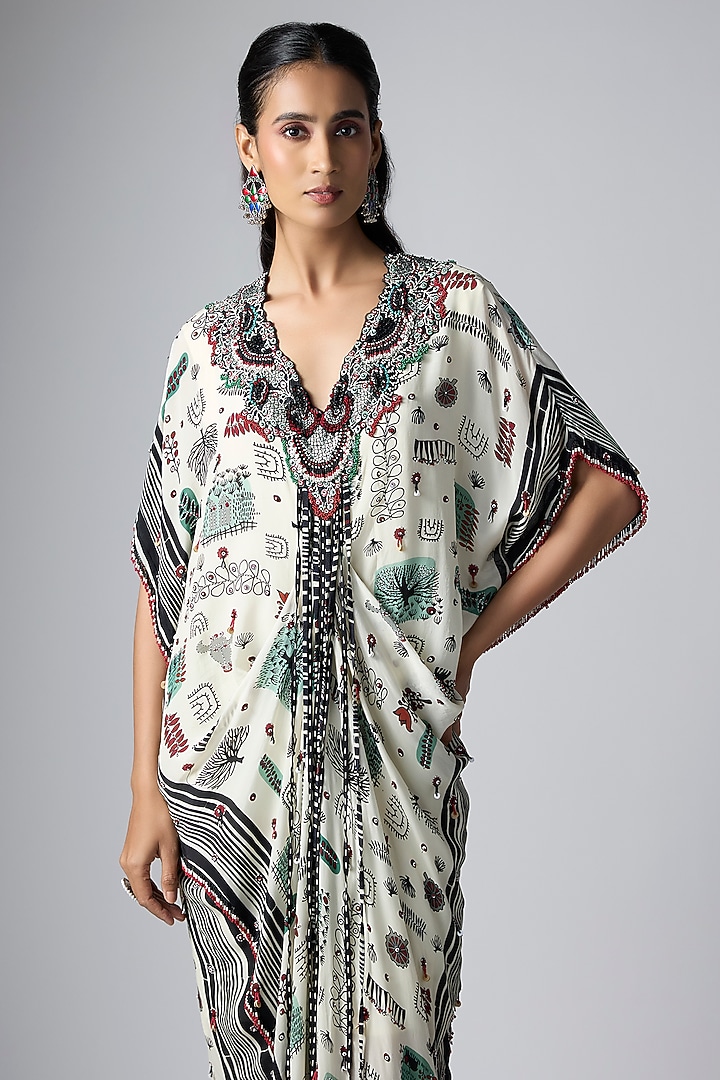 Off-White Crepe Floral Printed & Hand Embroidered Kaftan Maxi Party Wear Dress by Nupur Kanoi at Pernia's Pop Up Shop