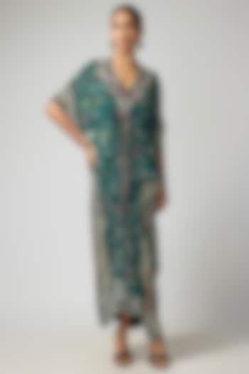 Teal Crepe Printed & Embroidered Kaftan Maxi Dress by Nupur Kanoi at Pernia's Pop Up Shop