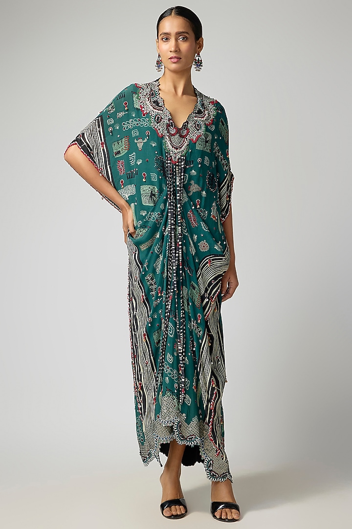 Teal Crepe Printed & Embroidered Kaftan Maxi Dress by Nupur Kanoi at Pernia's Pop Up Shop