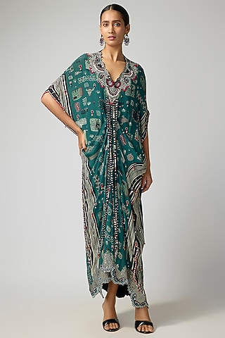 Teal Crepe Printed & Embroidered Kaftan Maxi Dress by Nupur Kanoi