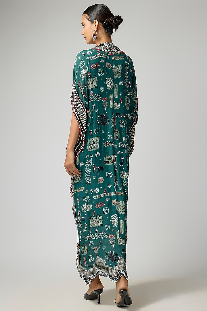 Teal Crepe Printed & Embroidered Kaftan Maxi Dress by Nupur Kanoi at Pernia's Pop Up Shop