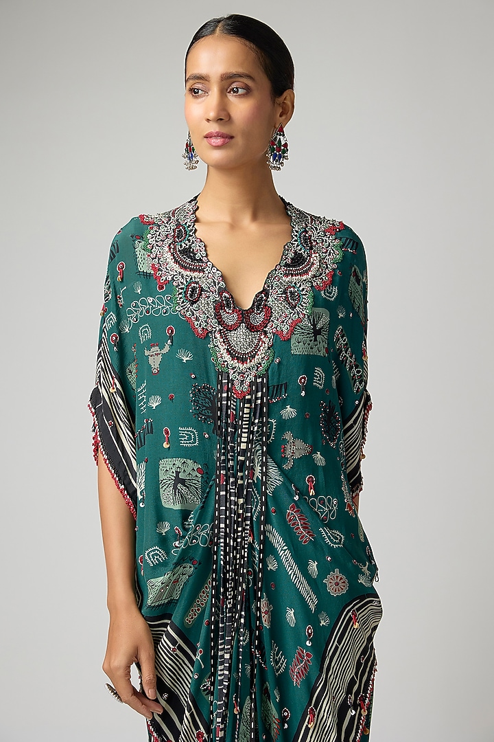 Teal Crepe Printed & Embroidered Kaftan Maxi Dress by Nupur Kanoi at Pernia's Pop Up Shop