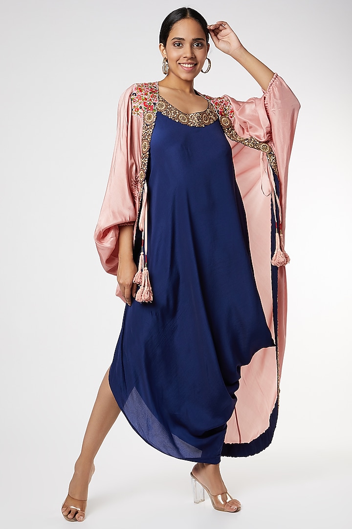 Blue Dress With Old Rose Cape by Nupur Kanoi