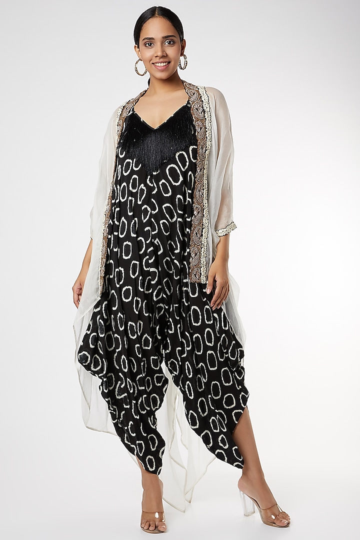 Black Strappy Jumpsuit With Coat by Nupur Kanoi