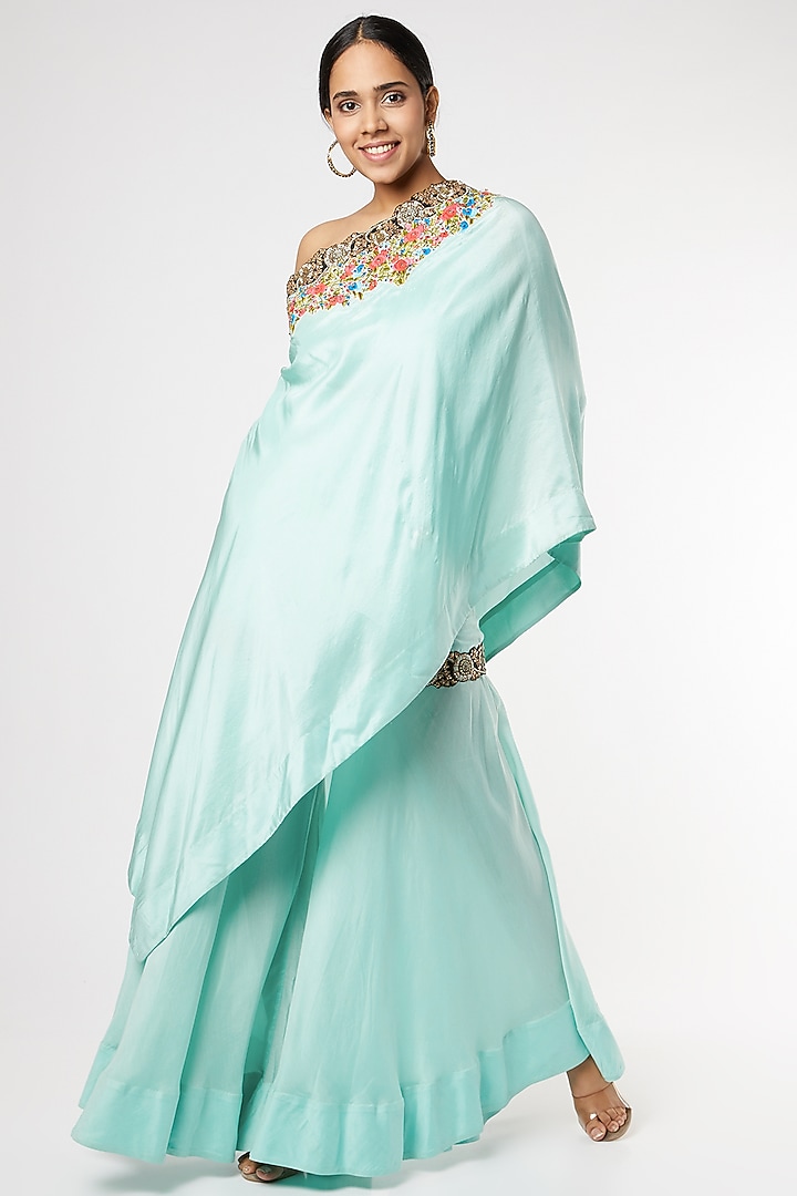 Light Aqua Silk Gathered Cape Set by Nupur Kanoi at Pernia's Pop Up Shop