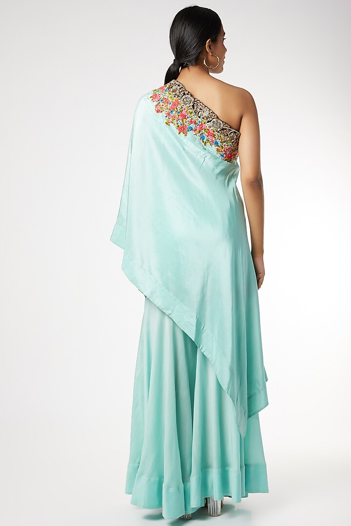 Light Aqua Silk Gathered Cape Set by Nupur Kanoi at Pernia's Pop Up Shop