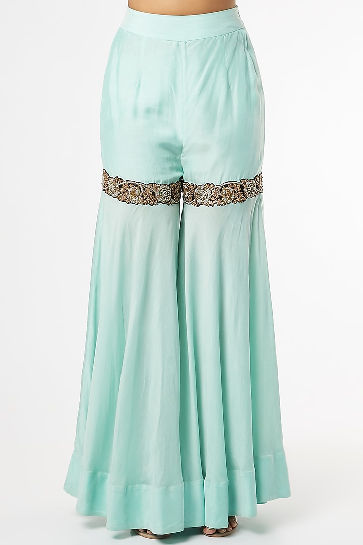 Light Aqua Silk Gathered Cape Set by Nupur Kanoi at Pernia's Pop Up Shop