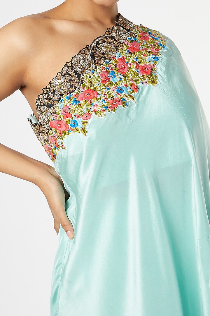 Light Aqua Silk Gathered Cape Set by Nupur Kanoi at Pernia's Pop Up Shop