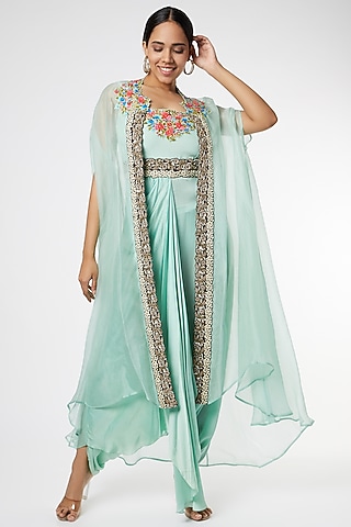 Light Aqua Dhoti Jumpsuit With Cape by Nupur Kanoi