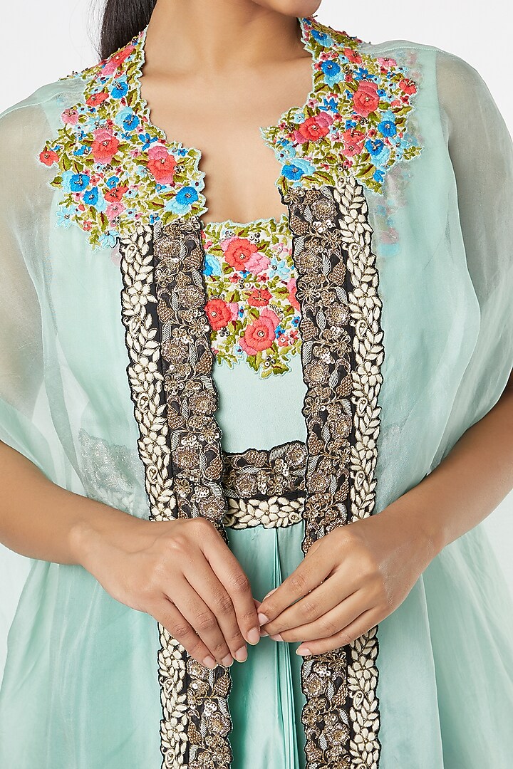 Light Aqua Dhoti Jumpsuit With Cape by Nupur Kanoi at Pernia's Pop Up Shop