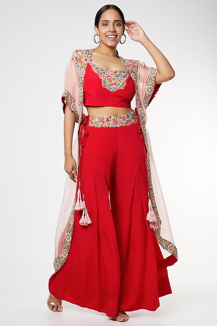 Red Pleated Pant Set With Cape by Nupur Kanoi