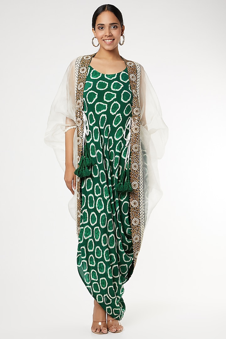 Green Printed Dress With Cape by Nupur Kanoi