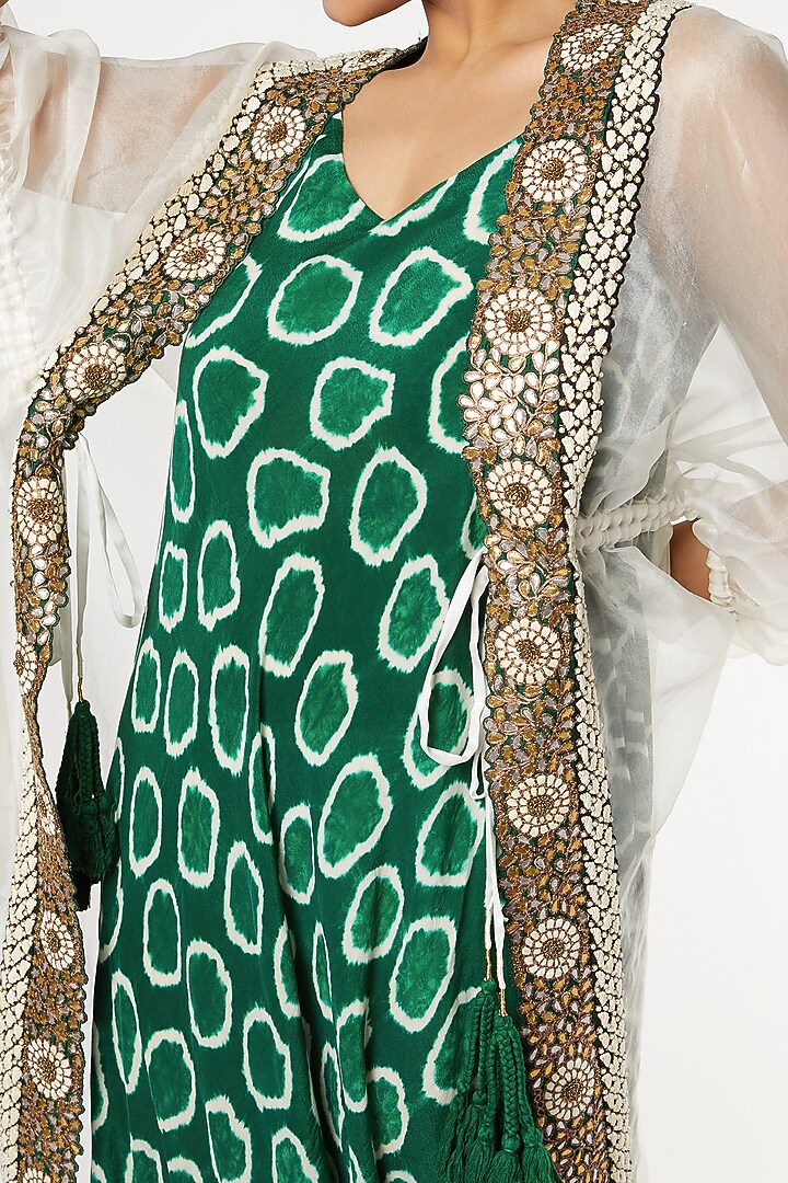 Green Crepe Polka Dot Printed Sack Cocktail Dress WIth White Cape by Nupur Kanoi at Pernia's Pop Up Shop