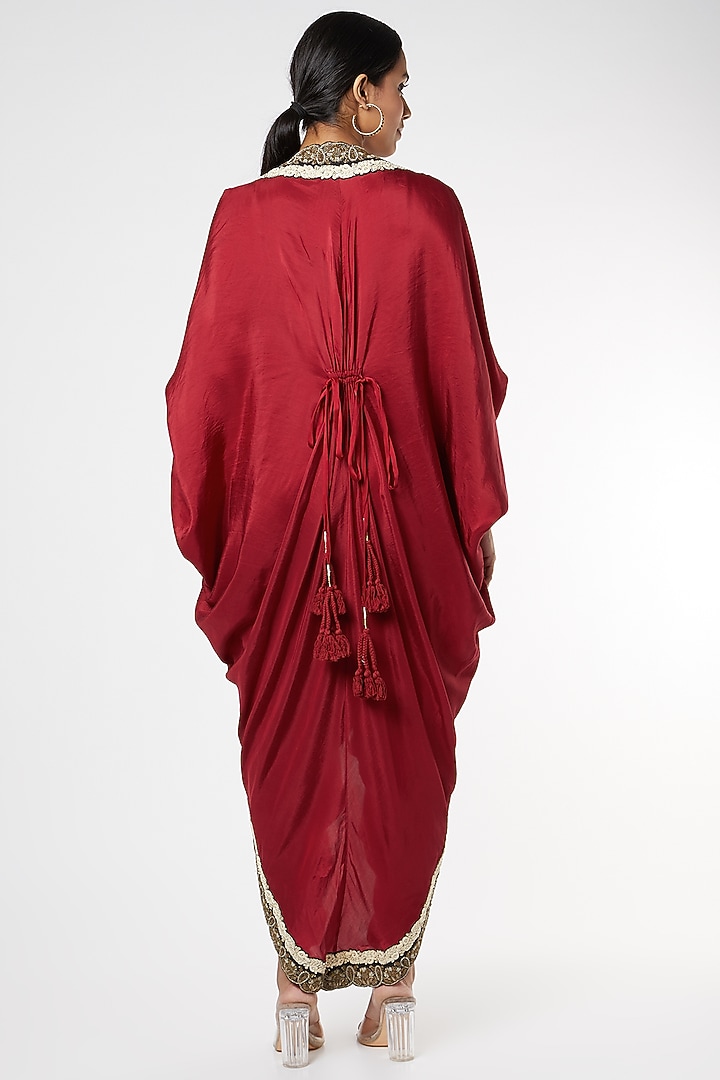 Burgundy Polka Dotted Strappy Jumpsuit With Cape by Nupur Kanoi at Pernia's Pop Up Shop