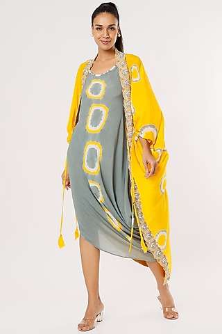 Mustard Crepe Printed & Embroidered Jacket Dress by Nupur Kanoi