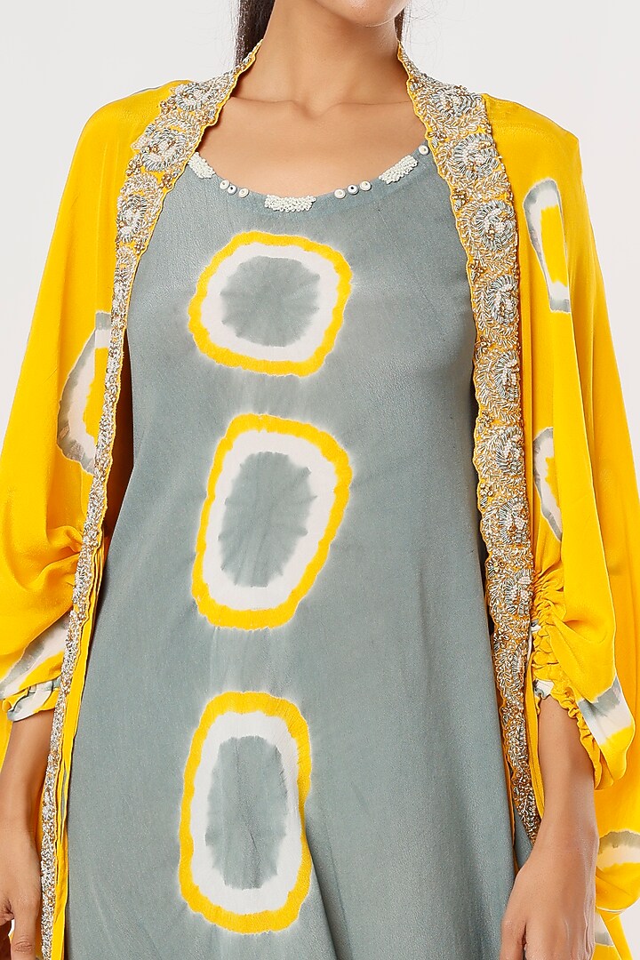 Mustard Crepe Printed & Embroidered Jacket Party Wear Dress by Nupur Kanoi at Pernia's Pop Up Shop
