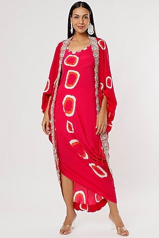 Red Crepe Printed & Embroidered Jacket Dress by Nupur Kanoi