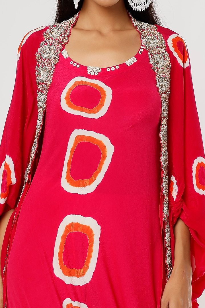 Red Crepe Printed & Embroidered Jacket Party Wear Dress by Nupur Kanoi at Pernia's Pop Up Shop