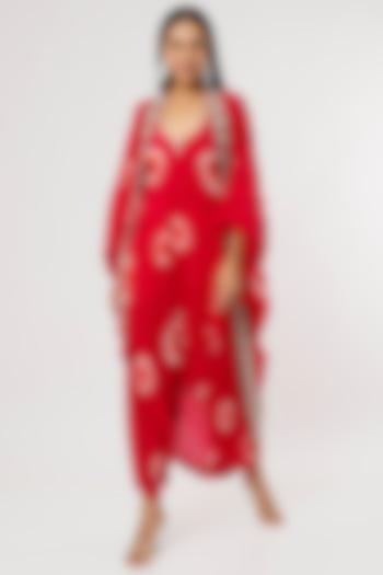 Red Crepe Printed Jacket Dress by Nupur Kanoi